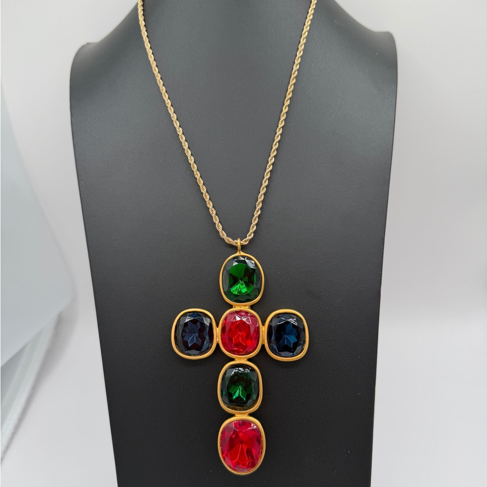 KENNETH LANE Signed Gold Extra Large Multicolor Pendant Necklace - Picture 2 of 10